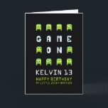 Game on alien gamer little brother 13th birthday card<br><div class="desc">Bright green alien monster pixel block 3d graphic characters on black,  personalized 13th little brother birthday card. Fun crazy block graphic pixel 3d crazy monsters aliens video gaming geek-themed birthday card. Other matching items are available. Designed by www.mylittleeden.com on Zazzle.</div>