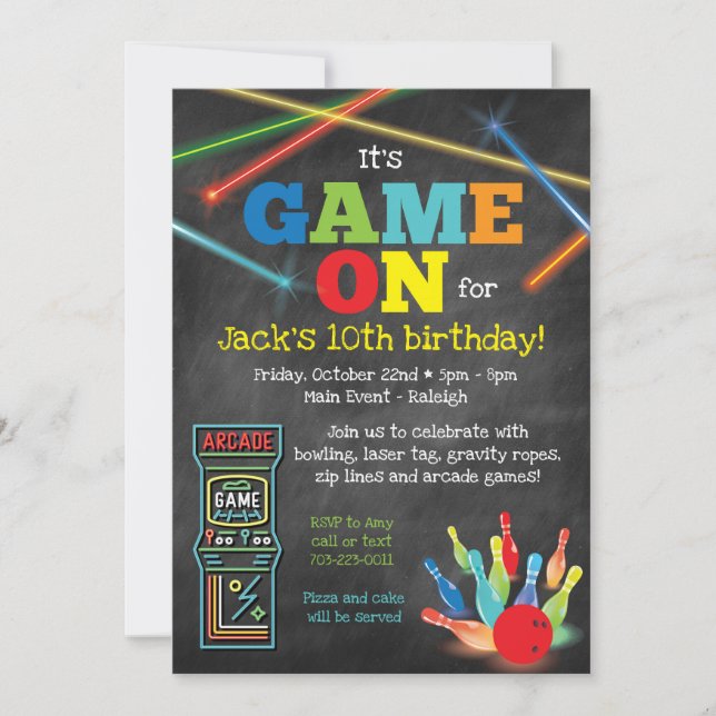 Game On Arcade Bowling Chalkboard Party Invitation (Front)