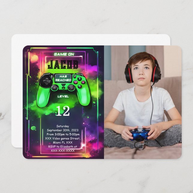 Game On, Boy Video Game Birthday Photo Invitation (Front/Back)