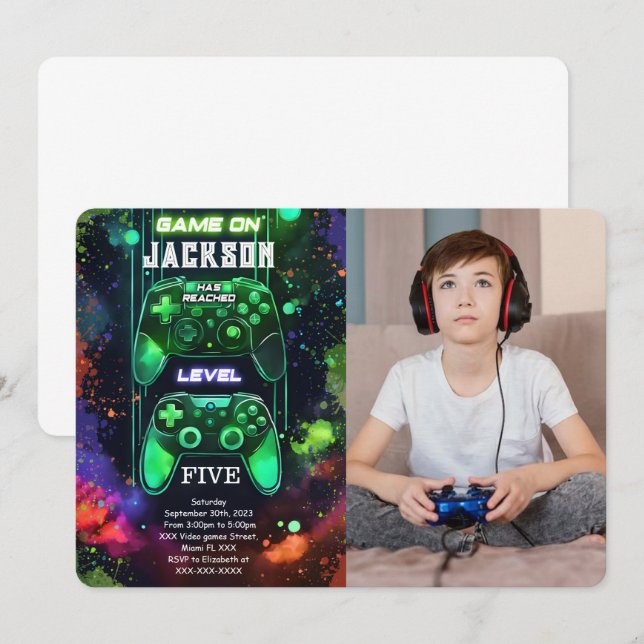 Game On, Boy Video Game Birthday Photo Invitation (Front/Back)