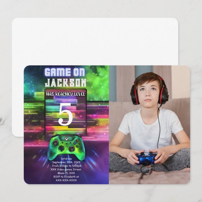 Game On, Boy Video Game Birthday Photo Invitation (Front/Back)