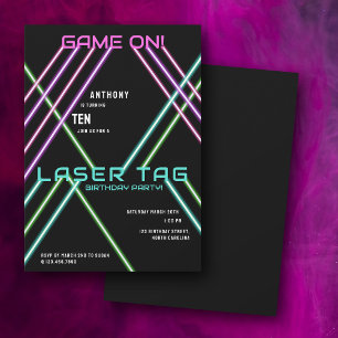 Game On Colorful Neon Laser Tag Birthday Invitation