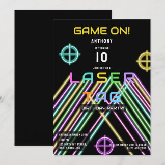 Game On Colorful Neon Laser Tag Birthday Invitation