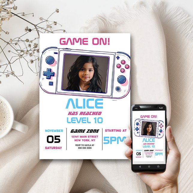 Game On Cool Video Game Girl Birthday Party Photo Invitation (Creator Uploaded)