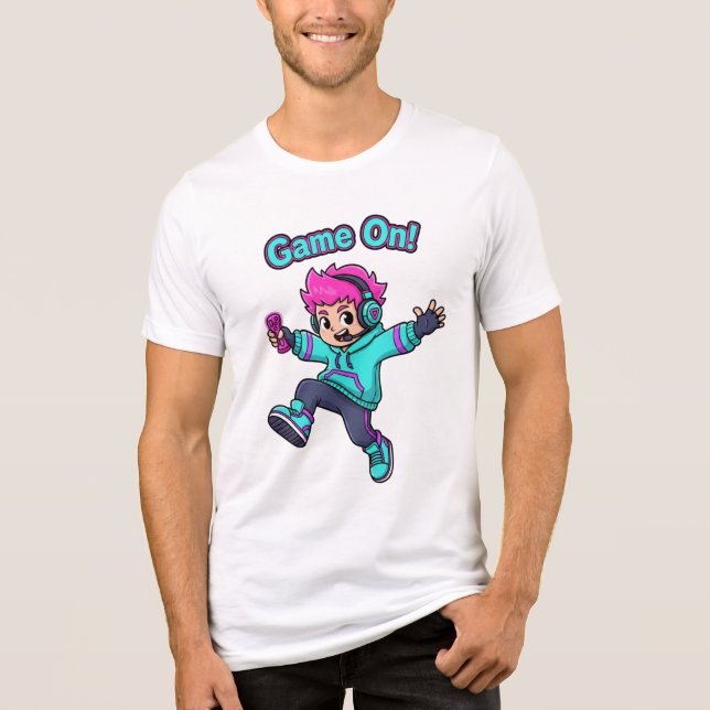 Game On! – Cute Cartoon Gamer Character T-Shirt Tri-Blend Shirt (Front)