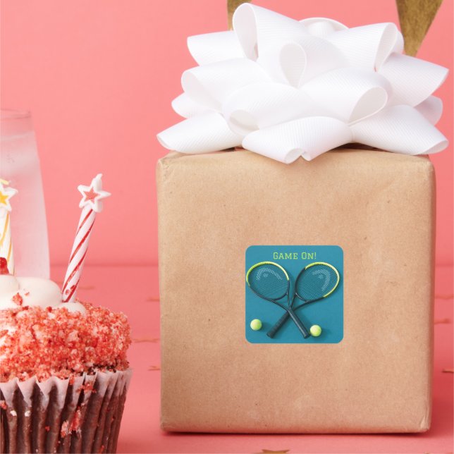 "Game On" Cyan Rackets and Balls Tennis Square Sticker (Party)