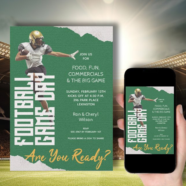 Game On Football Player on Green Invitation (American Football Player on Green Bowl Game Invitations - order INSTANT DOWNLOAD, PRINTED or both!)
