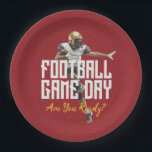 Game On Football Player on Red Paper Plate<br><div class="desc">Football game day party paper plates super fans will love featuring a football player on a red background. Perfect for the big game,  whether high school,  college or the pros. MATCHING items in our collection.</div>