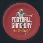 Game On Football Player on Red Paper Plate<br><div class="desc">Football game day party paper plates super fans will love featuring a football player on a red background. Perfect for the big game,  whether high school,  college or the pros. MATCHING items in our collection.</div>