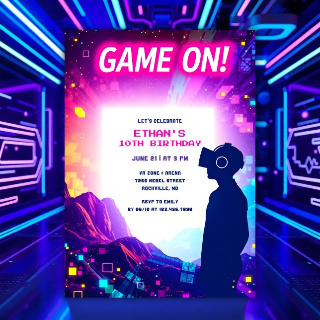 Game On for Kids & Gamers VR Birthday Party Invitation (Personalized VR Birthday Party Invitation Virtual Reality Theme for Boys & Gamer Kids)