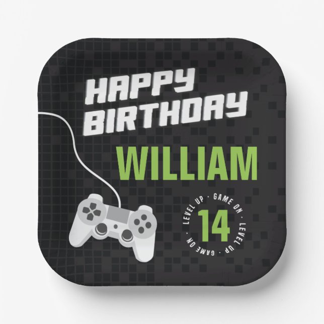 Game On Gaming Neon Green, Any Age Birthday Party Paper Plate (Front)