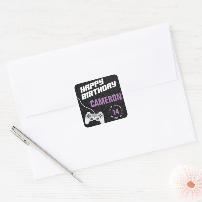Game On Gaming Neon Green, Any Age Birthday Square Sticker (Envelope)