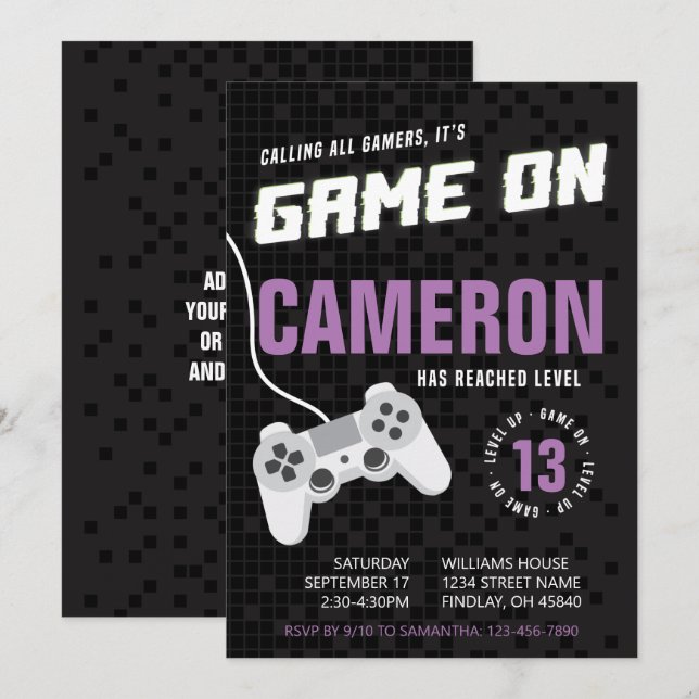 Game On Gaming Neon Purple, Any Age Birthday Party Invitation (Front/Back)