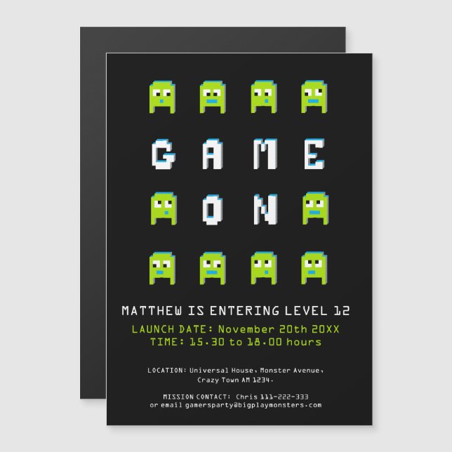 Game on green gaming 12th birthday party magnetic invitation (Front/Back)