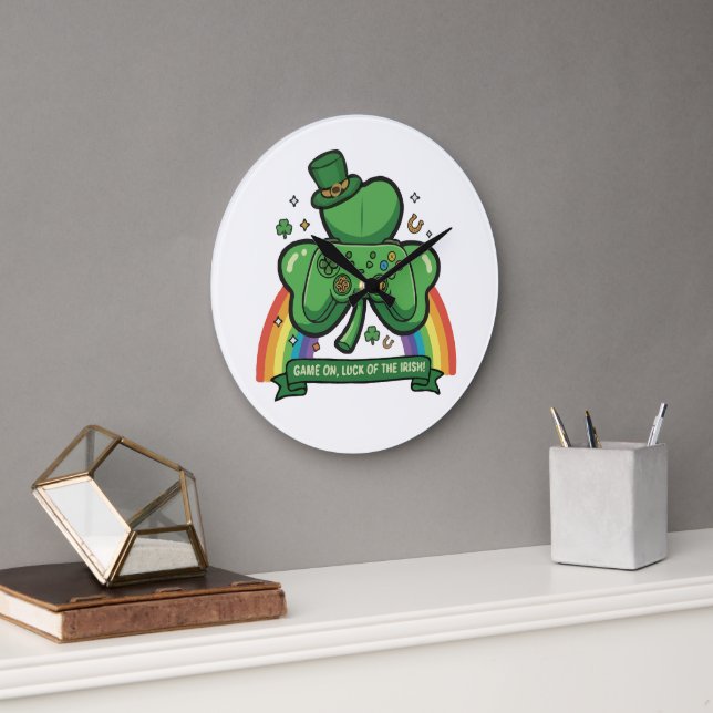 Game On Luck of the Irish | St. Patrick's Day Game Large Clock (Office)
