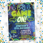 Game On Neon Glow Video Game Gaming Birthday Party Invitation<br><div class="desc">Game On blue and green neon glow video games themed Birthday party for boys or girls with glowing elements and a game controller.</div>