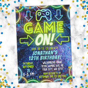 Game On Neon Glow Video Game Gaming Birthday Party Invitation