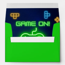 Game on neon green, and blue envelope