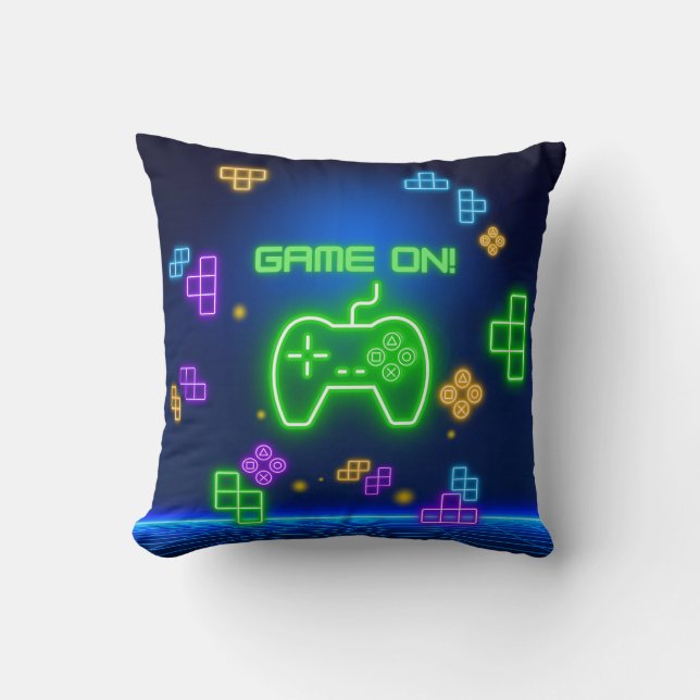 Game on neon green, blue, gamer Throw Pillow (Front)