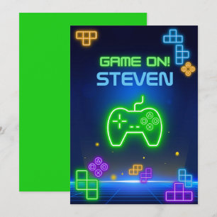 Game on neon green, blue, yellow gamer Invitation