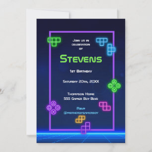 Game on neon green, blue, yellow gamer Invitation