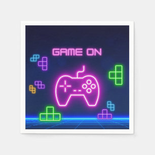 Game on neon pink, green & purple video gamer napkin