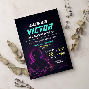 Game On Neon Video Game Boy Birthday Party  Invitation
