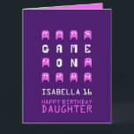 Game on pixel gamer 16th birthday daughter card<br><div class="desc">Purple and pink alien monster pixel graphic characters on dark purple,  personalized 16th birthday card. Fun crazy block graphic pixel 3d crazy monsters aliens video gaming themed daughter or other relatives birthday card. Other matching items are available. Designed by www.mylittleeden.com on Zazzle.</div>