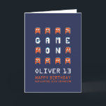 Game on pixel monster alien grandson 13th birthday card<br><div class="desc">Orange alien monster pixel graphic characters on dark blue,  personalized 13th grandson birthday card. Fun crazy block graphic pixel 3d crazy monsters aliens video gaming geek-themed birthday card. Other matching items are available. Designed by www.mylittleeden.com on Zazzle.</div>