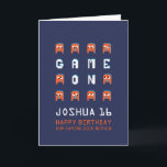 Game on pixel monsters gamer nephew 16th birthday card<br><div class="desc">Orange alien monster pixel graphic characters on dark blue,  personalized 16th nephew birthday card. Fun crazy block graphic pixel 3d crazy monsters aliens video gaming geek-themed birthday card. Other matching items are available. Designed by www.mylittleeden.com on Zazzle.</div>