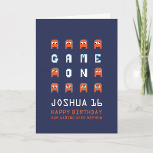 Game on pixel monsters gamer nephew 16th birthday card