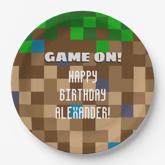 Game On Pixelated Grass Block Gaming Birthday Paper Plate (Front)