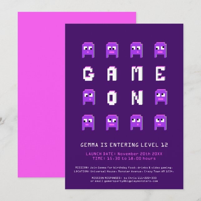 Game on purple girls gaming birthday party invitation (Front/Back)