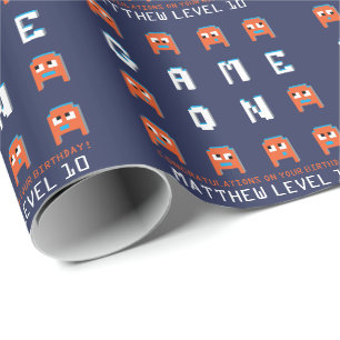 Game on retro alien gamers orange custom birthday wrapping paper