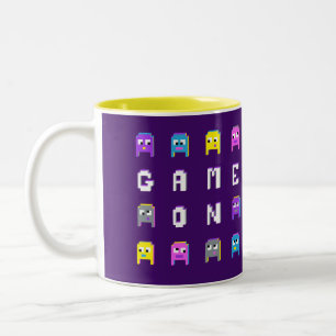 Game on retro pixel alien colourful graphic Two-Tone coffee mug