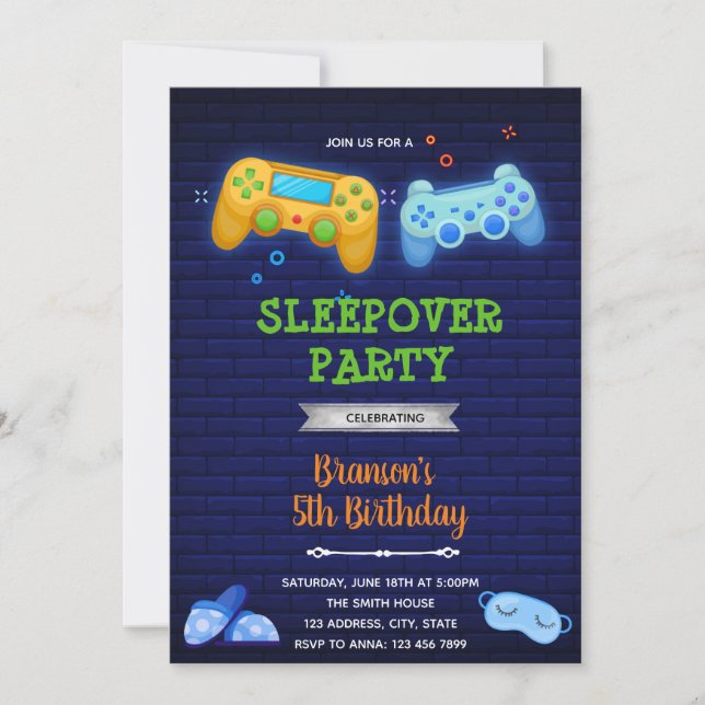 Game on sleepover boy invitation (Front)