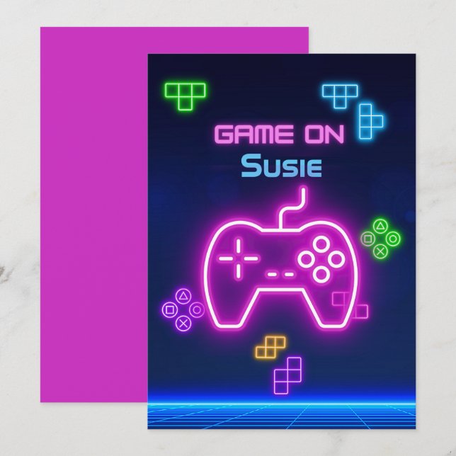 Game on video neon gamer green, pink, blue invitation (Front/Back)