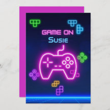 Game on video neon gamer green, pink, blue