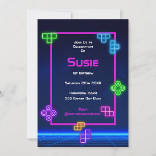 Game on video neon gamer green, pink, blue invitation
