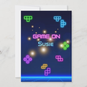 Game on video neon gamer green, pink, blue invitation