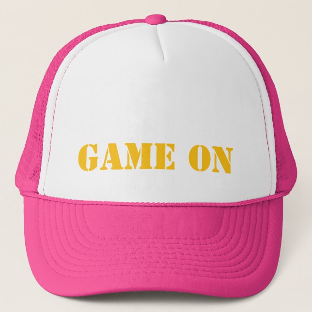 GAME ON Yellow Competative Motivational Fun Trucker Hat (Front)