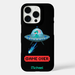 'Game Over' Alien Flying UFO Spaceship, Pixel Art iPhone 16 Pro Case