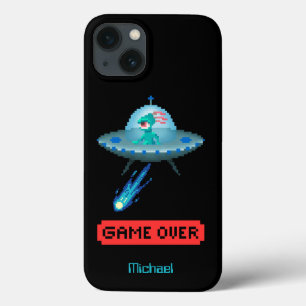 'Game Over' Alien Flying UFO Spaceship, Pixel Art iPhone 13 Case