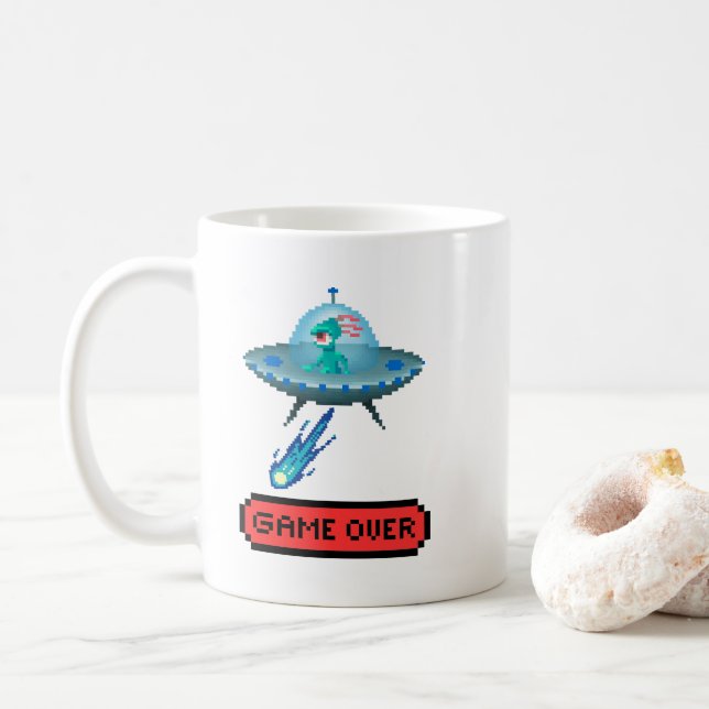'Game Over' Alien Flying UFO Spaceship, Pixel Art Coffee Mug (With Donut)