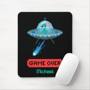 'Game Over' Alien Flying UFO Spaceship, Pixel Art Mouse Mat