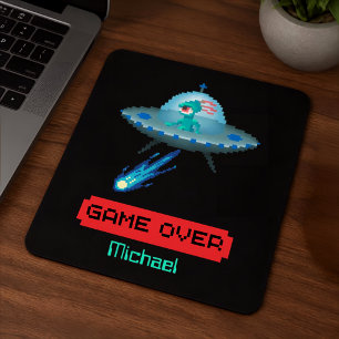 'Game Over' Alien Flying UFO Spaceship, Pixel Art Mouse Mat