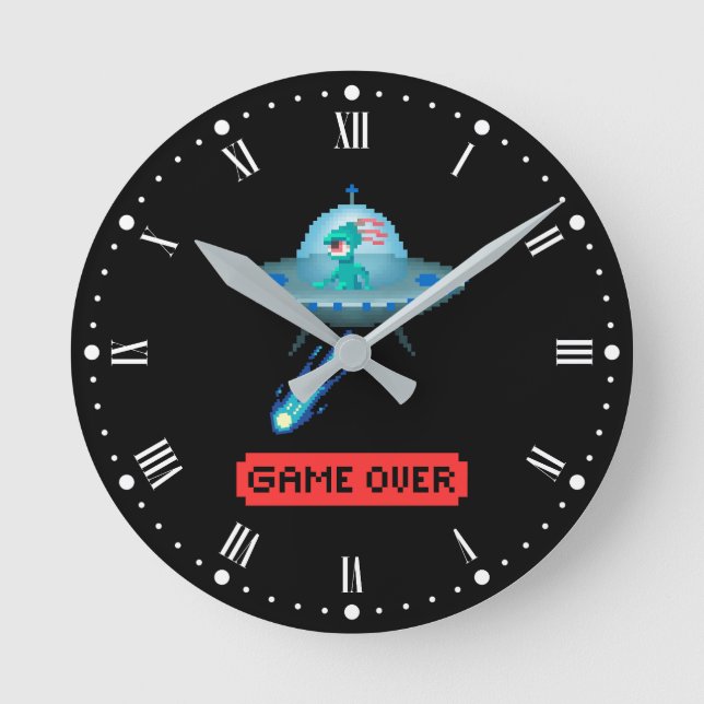 'Game Over' Alien Flying UFO Spaceship, Pixel Art Round Clock (Front)