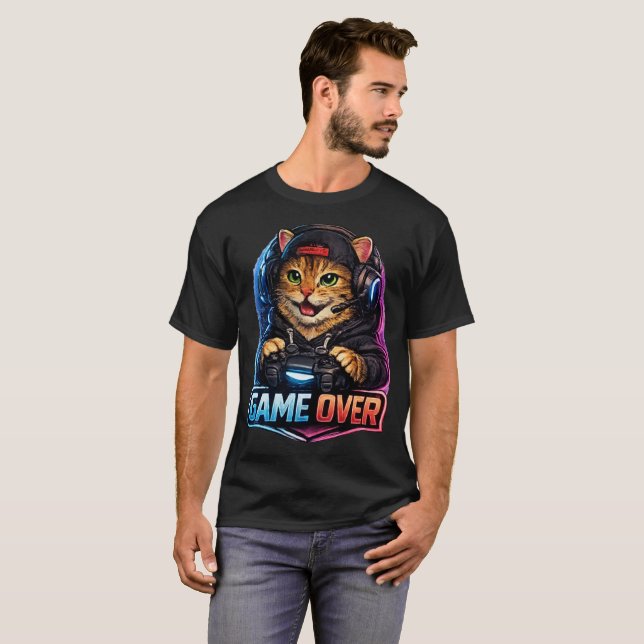 GAME OVER Cat T-Shirt – Neon Gaming Cat Controller (Front Full)