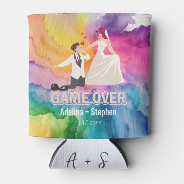 Game Over Funny Bride and Groom Comic Wedding Can Cooler (Front)
