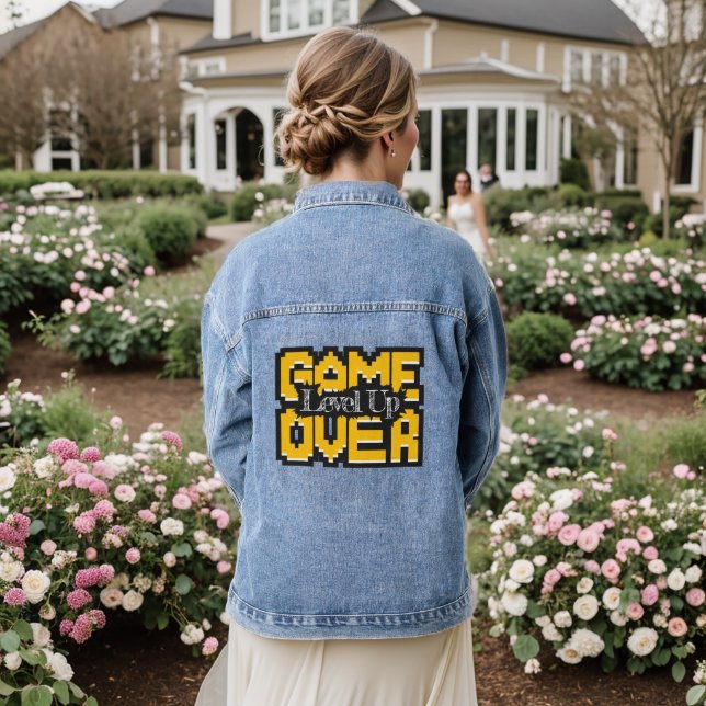 Game Over, Level Up: Pixelated Retro Game World Denim Jacket (Wedding Back)